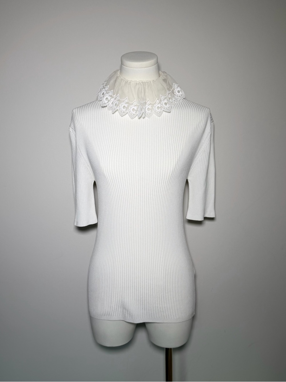 Chloe White Ribbed Short-Sleeve Top with Lace Ruffle Neck